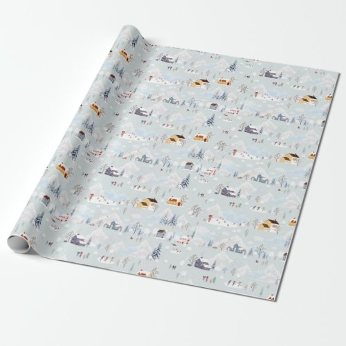 Cozy Winter Wonderland Ice Skating Village Pattern Wrapping Paper