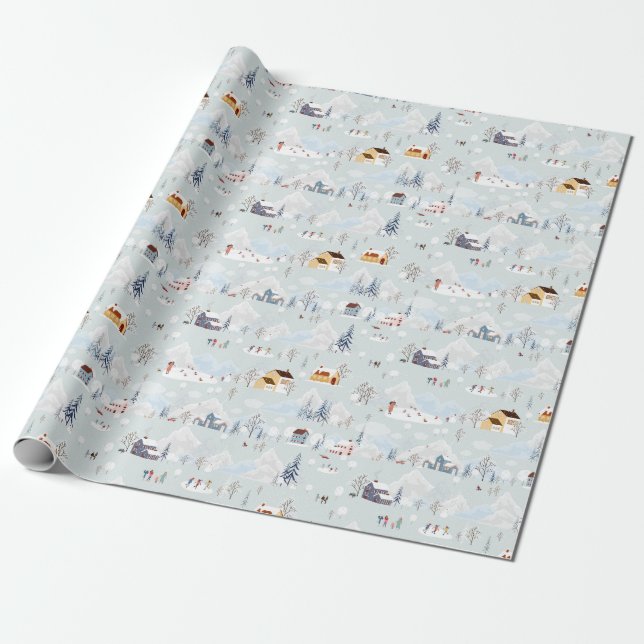 Cozy Winter Wonderland Ice Skating Village Pattern Wrapping Paper (Unrolled)
