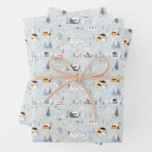 Cozy Winter Wonderland Ice Skating Village Pattern Wrapping Paper Sheets