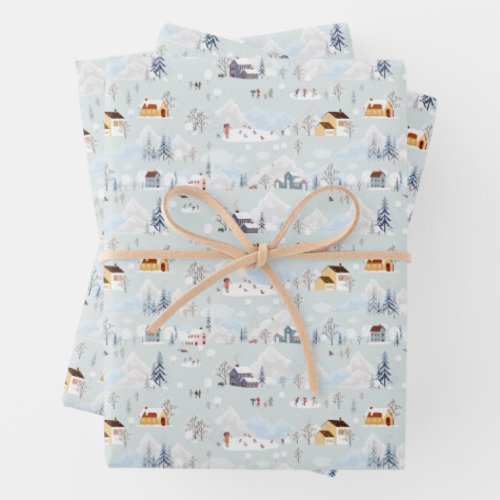 Cozy Winter Wonderland Ice Skating Village Pattern Wrapping Paper Sheets