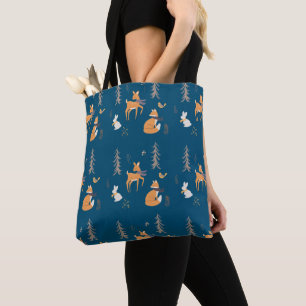 Cozy Winter Woodland Animals Folk Art on Blue Tote Bag