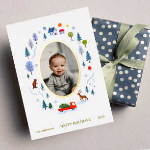 Cozy Winter Woodland Baby Photo Happy Holidays Foil Holiday Card