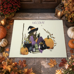 Cozy Witch Vibes Halloween Pumpkins Purple Doormat