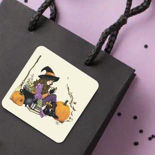 Cozy Witch Vibes Halloween Pumpkins Purple Square Sticker