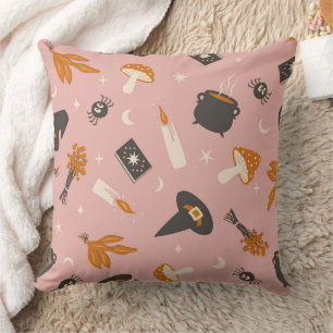 Cozy Witchy Halloween Pattern Pink Cottagecore Throw Pillow