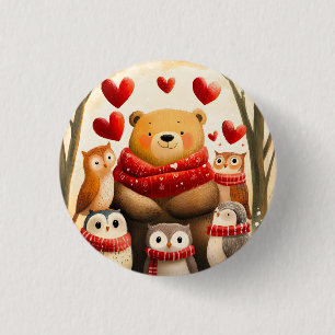 Cozy Woodland Bear Owl Family Winter Love Button