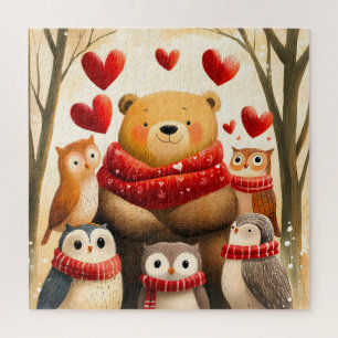 Cozy Woodland Bear Owl Family Winter Love Jigsaw Puzzle