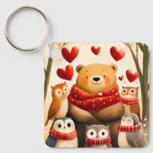 Cozy Woodland Bear Owl Family Winter Love Keychain