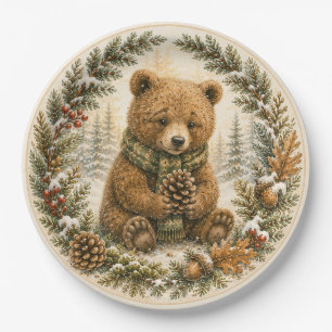 Cozy Woodland Bear Winter Birthday Paper Plates