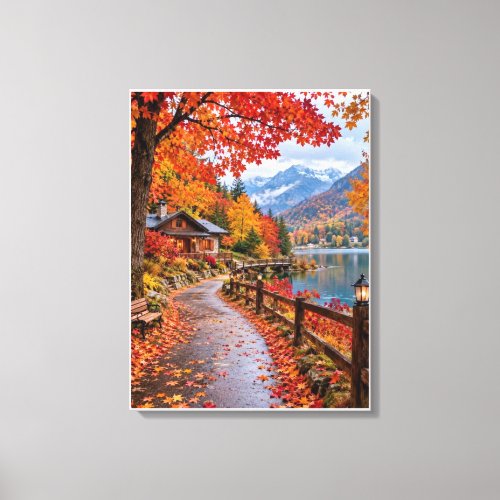 Cozy Woodland Cabin Among Autumn Leaves Fall Retre Canvas Print