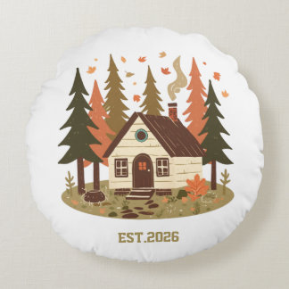 Cozy Woodland Cabin Autumn and Winter Custom Produ Round Pillow
