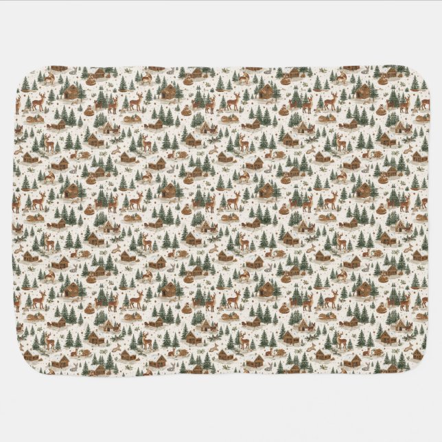 Cozy Woodland Cabin Baby Blanket – Deer, Foxes (Horizontal)