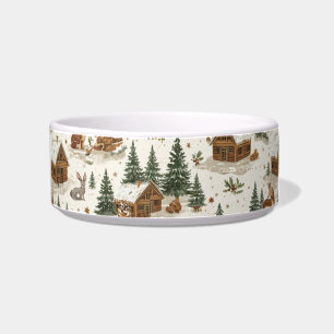Cozy Woodland Cabin Cat Bowl – Rabbits, Pine Trees
