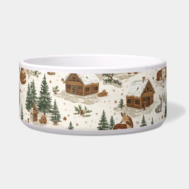 Cozy Woodland Cabin Dog Bowl – Deer, Foxes & Pines (Front)