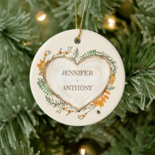 Cozy Woodland Cottagecore Wood Heart Personalized Ceramic Ornament