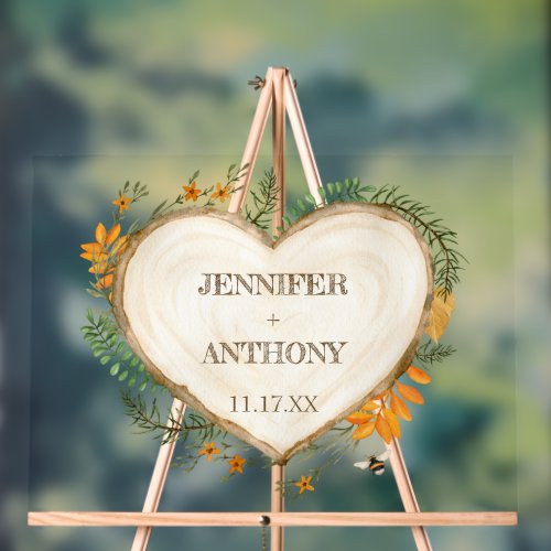 Cozy Woodland Cottagecore Wooden Heart Wedding Acrylic Sign