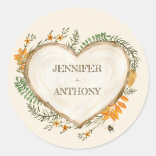 Cozy Woodland Cottagecore Wooden Heart Wedding Classic Round Sticker