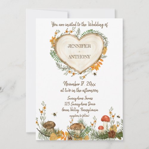 Cozy Woodland Cottagecore Wooden Heart Wedding Invitation