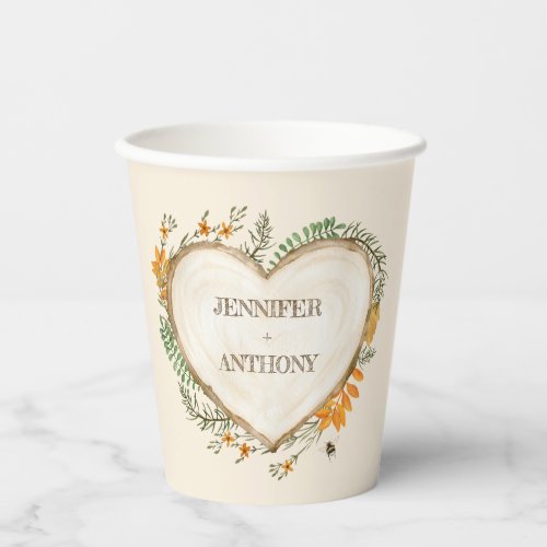 Cozy Woodland Cottagecore Wooden Heart Wedding Paper Cups