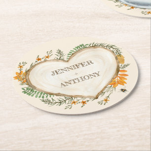 Cozy Woodland Cottagecore Wooden Heart Wedding Round Paper Coaster