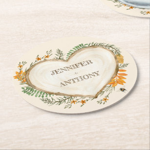Cozy Woodland Cottagecore Wooden Heart Wedding Round Paper Coaster