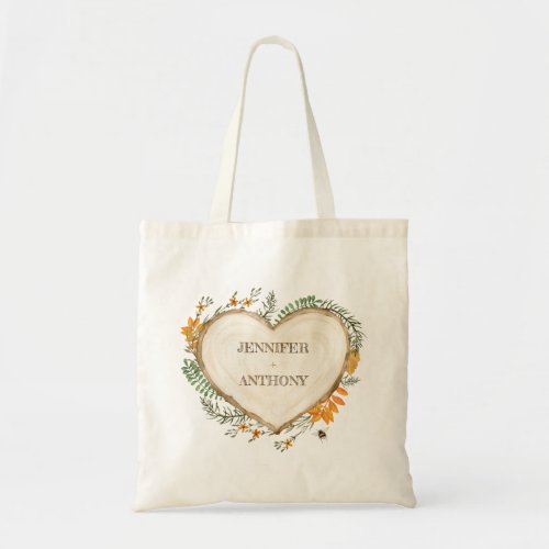 Cozy Woodland Cottagecore Wooden Heart Wedding Tote Bag