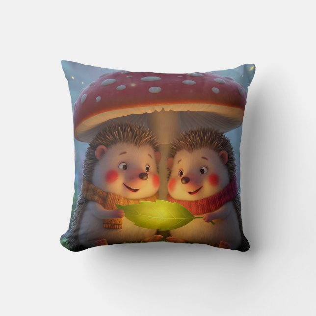 Cozy Woodland Hedgehog Fantasy Throw Pillow (Front)