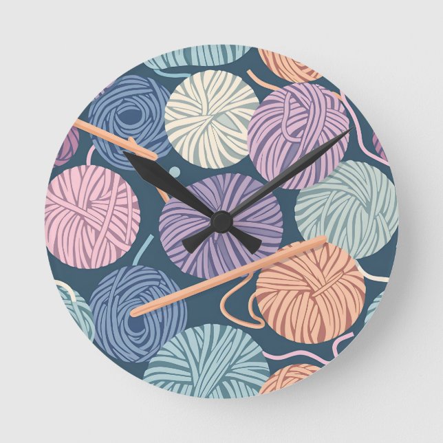 Cozy Yarn Balls and Knitting Needles Seamless  Round Clock (Front)