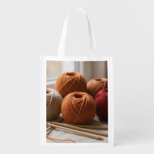 Cozy Yarn Balls Knitting Autumn Tones Grocery Bag