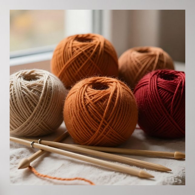 Cozy Yarn Balls Knitting Autumn Tones Poster (Front)