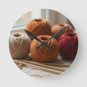Cozy Yarn Balls Knitting Autumn Tones Round Clock