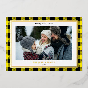 Cozy Yellow Black Plaid Border 3 Photos Christmas Foil Holiday Card