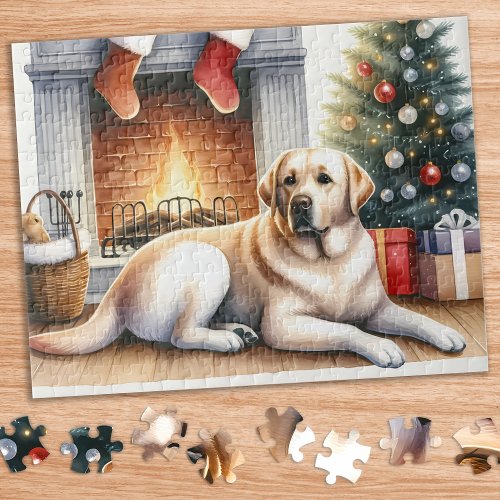 Cozy Yellow Labrador Retriever Dog Christmas  Jigsaw Puzzle