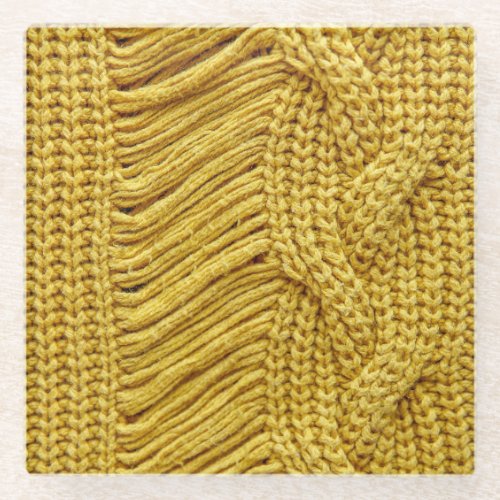 Cozy Yellow Sweater Textured Background Glass Coaster