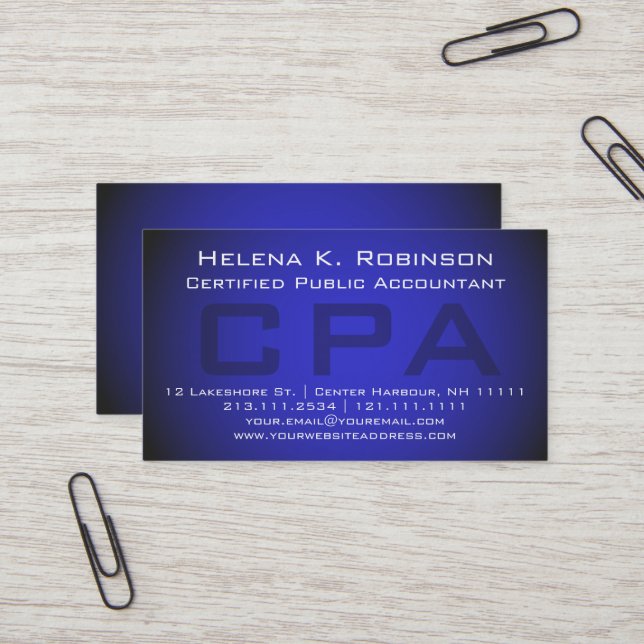 CPA Certified Public Accountant Striking Blue Business Card (Front/Back In Situ)