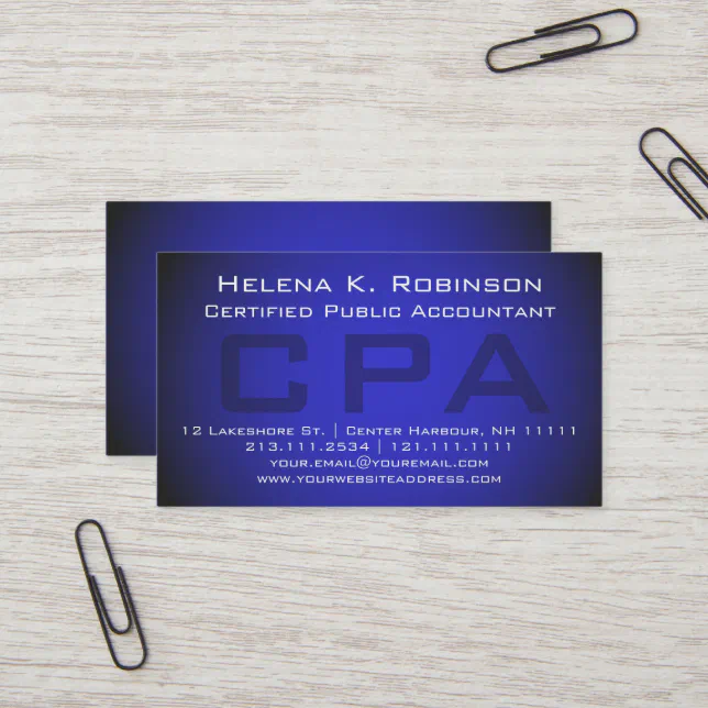 CPA Certified Public Accountant Striking Blue Business Card (Front/Back In Situ)