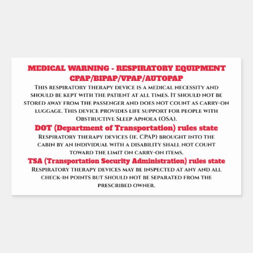 CPAP sleep apnea warning signage stick on Rectangular Sticker