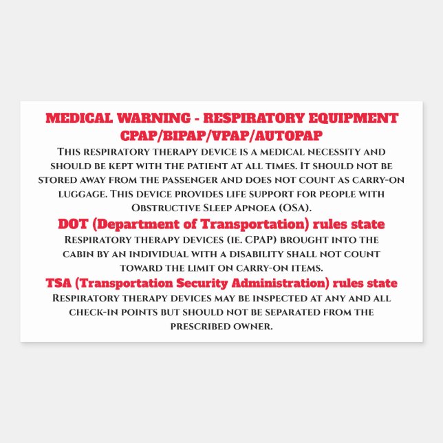 CPAP sleep apnea warning signage stick on Rectangular Sticker (Front)