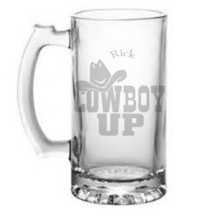 Cpwboy Up etched glass stein