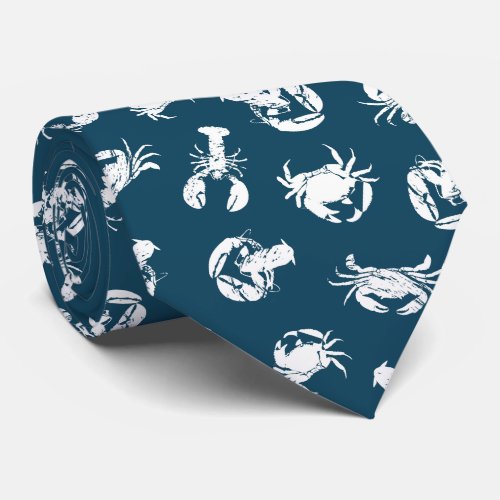 Crab and Lobster Blue White Seafood Patterned Neck Tie