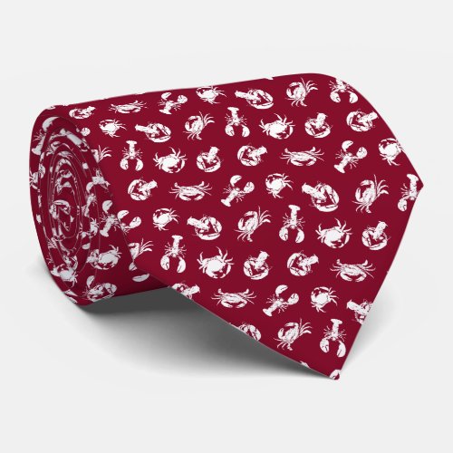 Crab and Lobster Burgundy White Seafood Patterned Neck Tie