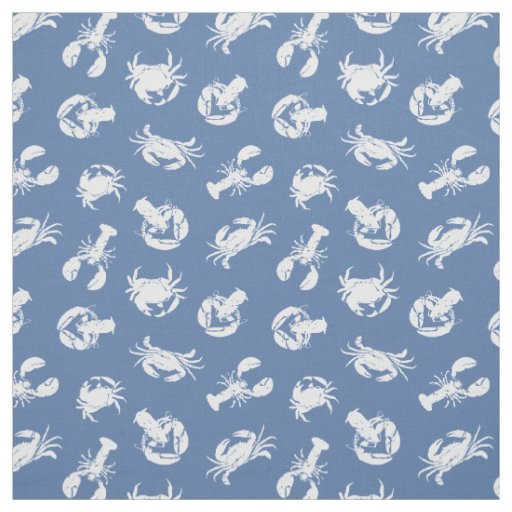 Crab and Lobster Dusty Blue White Seafood Pattern Fabric