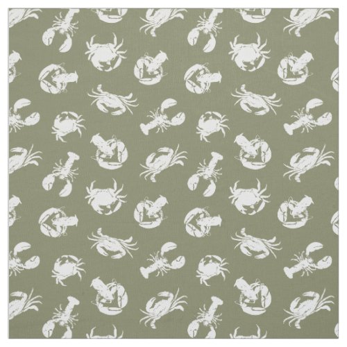 Crab and Lobster Khaki Green and White Pattern Fabric