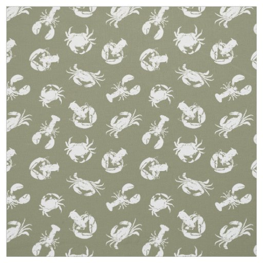 Crab and Lobster Khaki Green and White Pattern Fabric