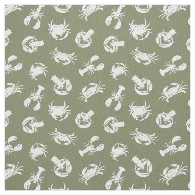 Crab and Lobster Khaki Green and White Pattern Fabric (Swatch)