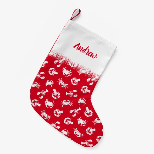 Crab and Lobster Patterned Red and White Small Christmas Stocking (Front (Hanging))