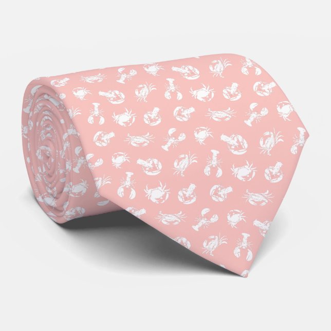 Crab and Lobster Pink White Seafood Patterned Neck Tie (Rolled)