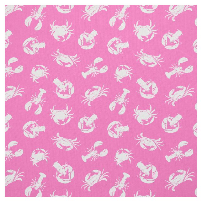 Crab and Lobster White Seafood Pattern on Hot Pink Fabric (Swatch)
