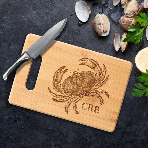 Crab and Monogram Etched Bamboo Wood Cutting Board