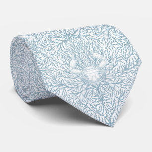 Crab and sea weed, coastal summer in white and lig neck tie